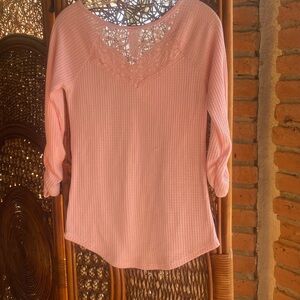 No Boundaries Pink Women Long Sleeve Waffle Top